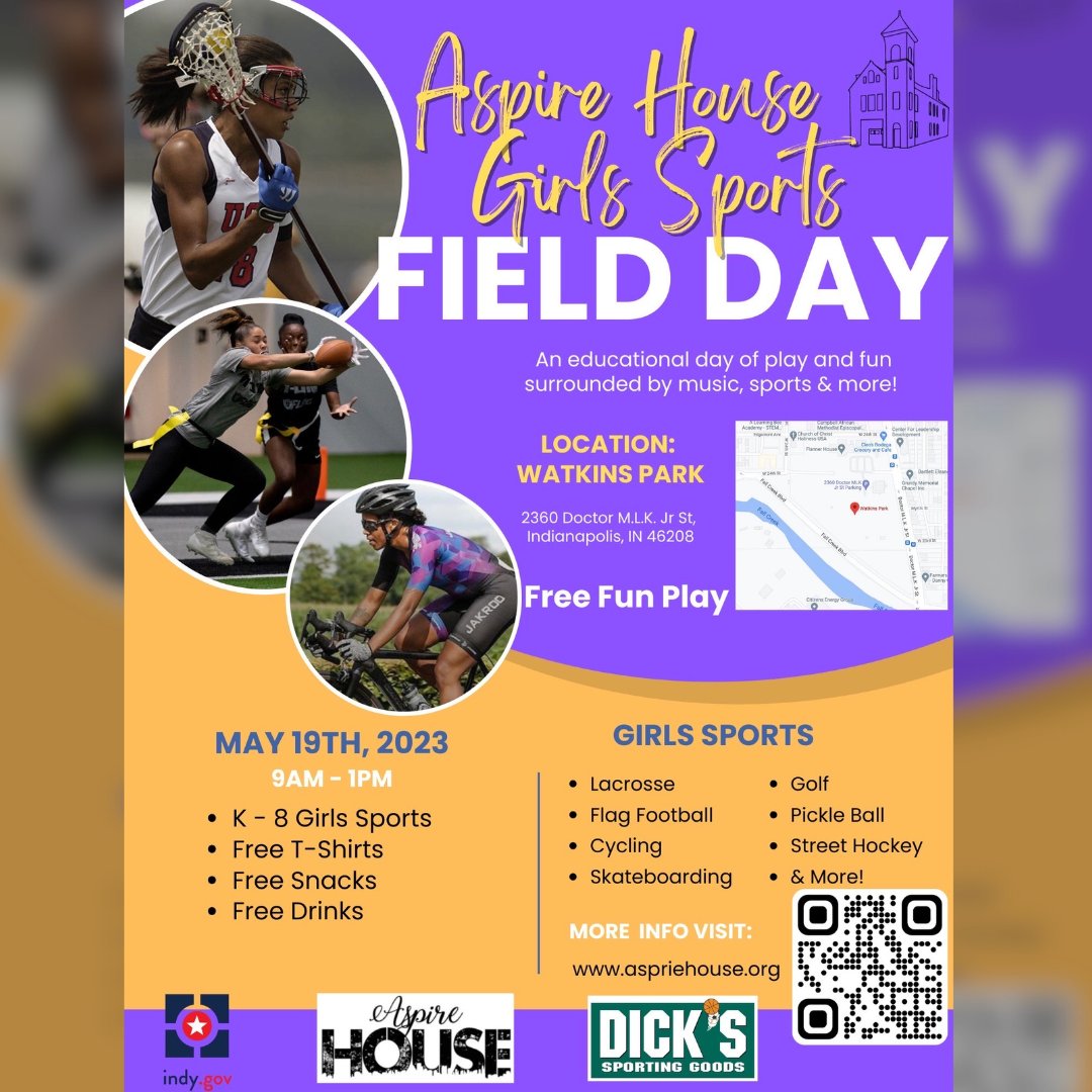 Join us for Girls Sports Field Day on May 19th from 9 am-1 pm at Watkins Park, featuring Lacrosse, flag football, golf, and more! Hosted by <a href="/AspireIndy/">Aspire House Indy</a>, our community partner. Free t-shirt, snacks, and drinks included. Visit bit.ly/3LTTtFv for info.