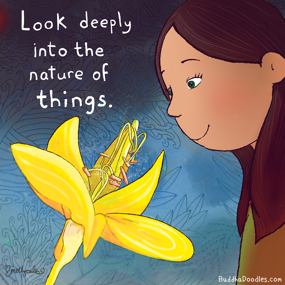 🙏💓🙏 Image description: A person is in a moment of peaceful and quiet introspection, studying a radiant yellow flower in full bloom. The caption says, 'Look deeply into the nature of things.' The artwork is by Molly Hahn.
