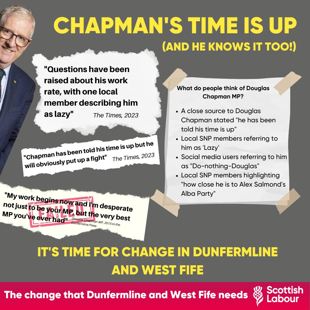 Douglas Chapman knows his time as MP for Dunfermline and West Fife is up. Since 2015, he has failed to deliver for the people of Dunfermline. 

Change is possible - with <a href="/ScottishLabour/">Scottish Labour</a>.