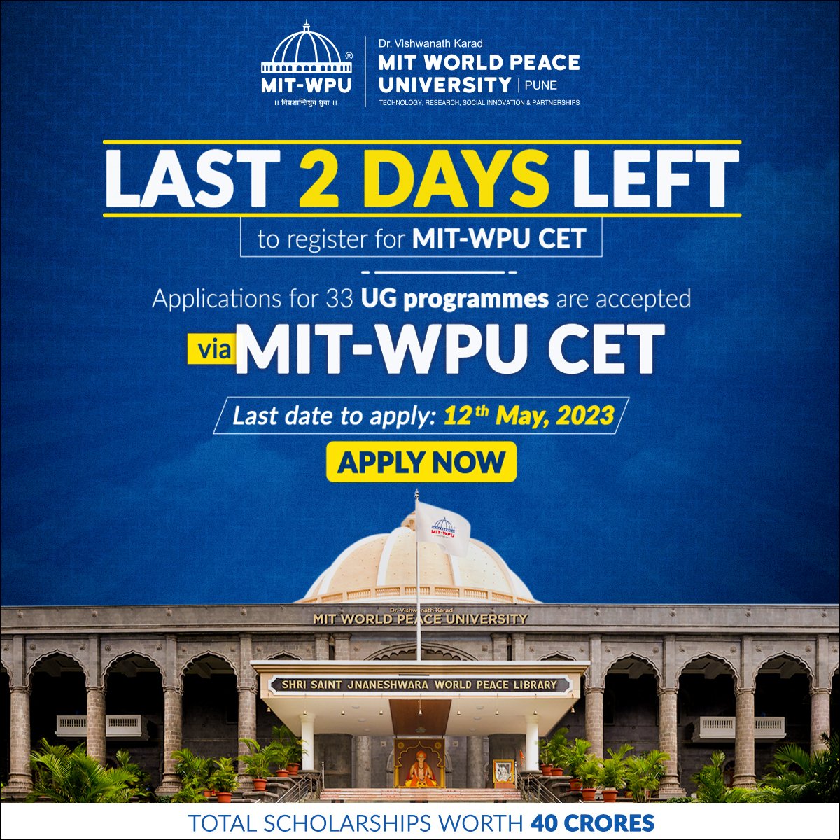 vidyavision_com's tweet photo. Last 2 Days Left to register for MIT_WPU CET. Applications for 33 UG Programmes are accepted via MIT-WPU CET. Last date to apply: 12th May 2023.

Apply Now: https://t.co/9DqJucxtfA

#mitwpu #mitwpucet #mituniversity #mitugprogrammes #mitpune #mit #vidyavision https://t.co/yJK8R6QXtw