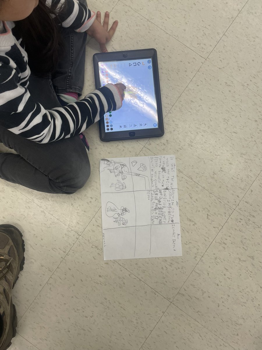 Libramlad's tweet image. Grade Ones @burntelmps working on story telling with @ScratchJr beginning middle and end. How does the coding help tell a story. #CodetoCreate #storyDesign