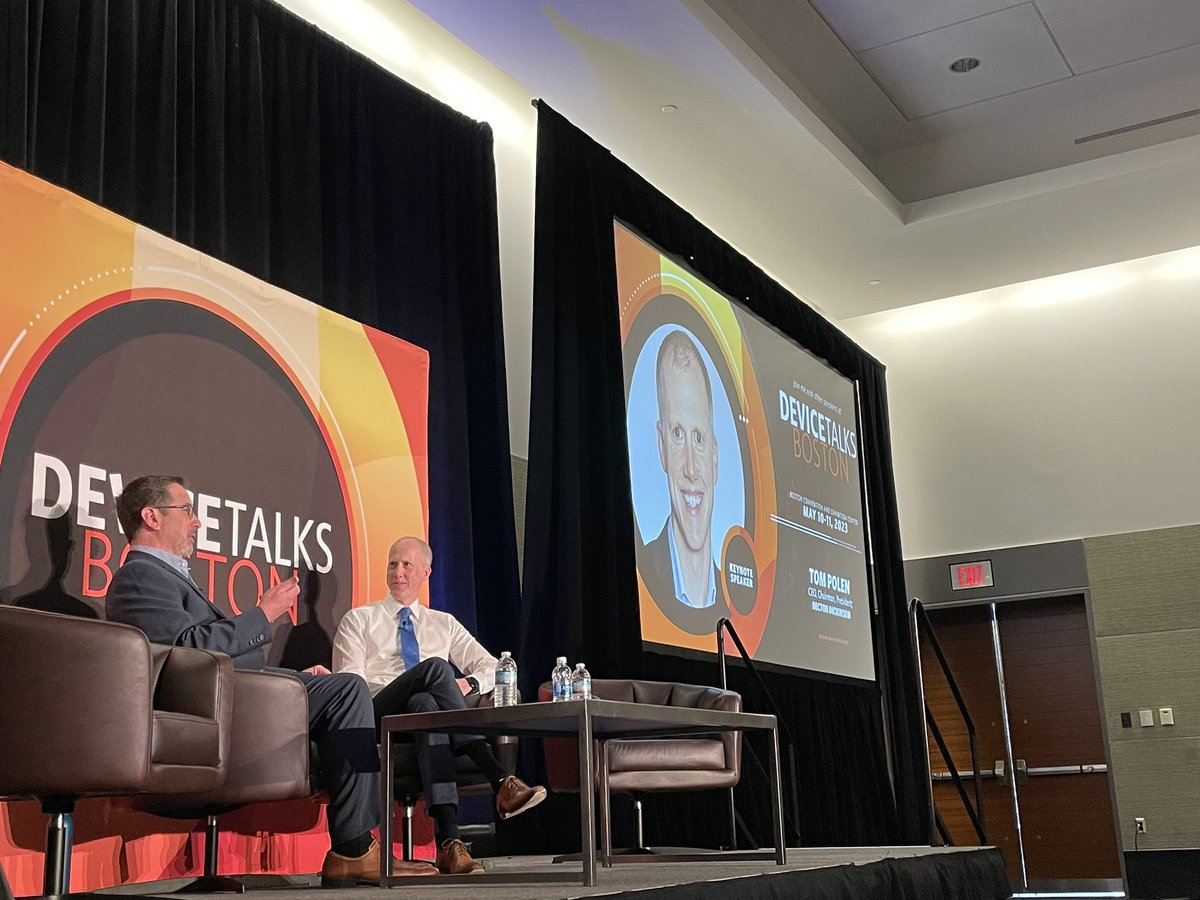 DeviceTalks's tweet photo. Our Keynote Interview with @TomPolen_BD just kicked off! Tom will be sharing how dx, robotics, digital tech, and m&amp;a are driving @BDandCo's growth with @MedTechTom. #DTB2023 https://t.co/EjORUOAwBb