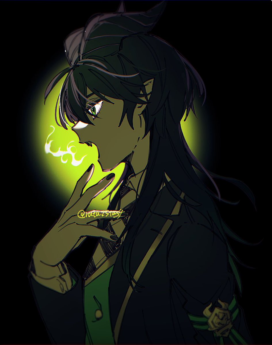 1boy male focus horns solo pointy ears black hair green eyes  illustration images