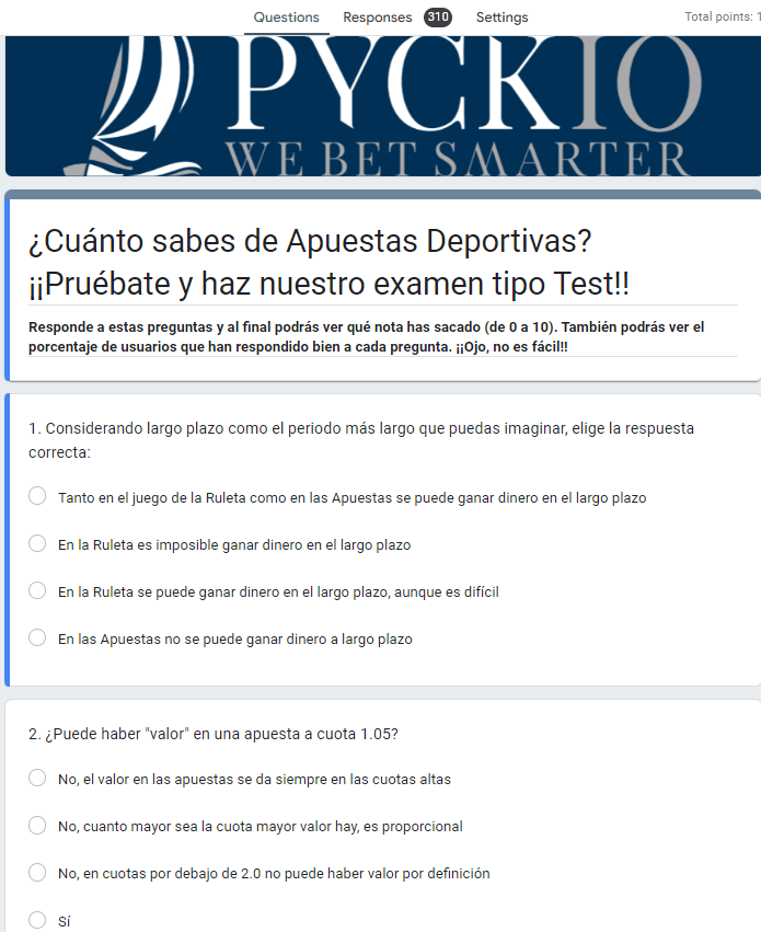 También le hemos pedido a ChatGPT que resuelva este Test de Apuestas Deportivas q preparamos hace tiempo. 
📊 Ha acertado 7 de 10 (falló la 4, la 7 y la 8). La nota media de 310 usuarios es de 4.54.
¿Acertarás más que ChatGPT? Si no lo hiciste, aquí está👉 docs.google.com/forms/d/1c2WIm…