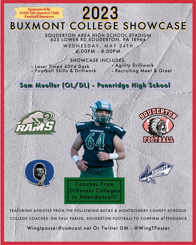 Sam Mueller (@64sam2024) on Twitter photo Thank you to #buxmontshowcase for the invite. I am very excited for this opportunity to compete. @pennridgeFB <a href="/Coach_Beller/">Coach Beller</a> <a href="/WingTPasser/">Paul Fargo 🔴⚪️🏈🏆</a> Thank you to #buxmontshowcase for the invite. I am very excited for this opportunity to compete. @pennridgeFB <a href="/Coach_Beller/">Coach Beller</a> <a href="/WingTPasser/">Paul Fargo 🔴⚪️🏈🏆</a>