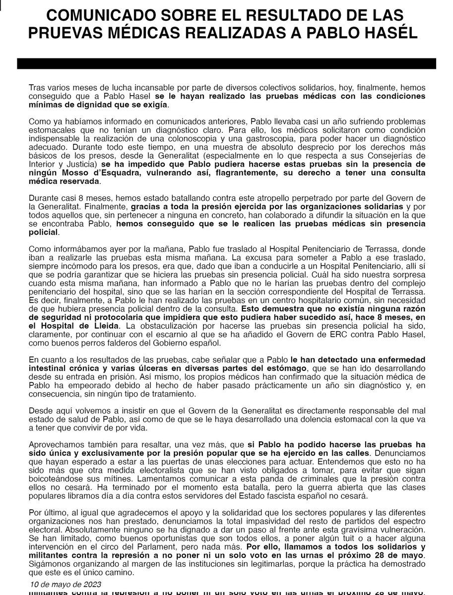 antirepre_pon's tweet photo. 🔴 COMUNICAT SOBRE LES PROVES MÈDIQUES A PABLO HASÉL
🗣️ Després de varis mesos de lluita hem aconseguit que es realitzin les proves garantint el seu dret a la intimitat.
❌ Degut a la tardança en realitzar-les, Pablo ha contret una malaltia crònica. https://t.co/7H8bHv48ts