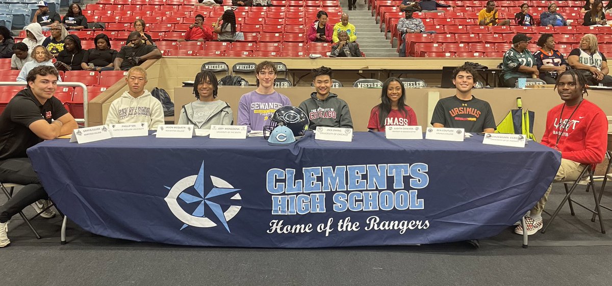 CHighFB's tweet photo. Excited to celebrate these Rangers at the @FBISDAthletics Signing Day Event. Good luck at the next level Rangers! You’re ready, you’re prepared, to impact the world! #RangerPride #LetsRide #HWPO #ChasingElite #NextLevelRangers https://t.co/96Xj7jfcSM