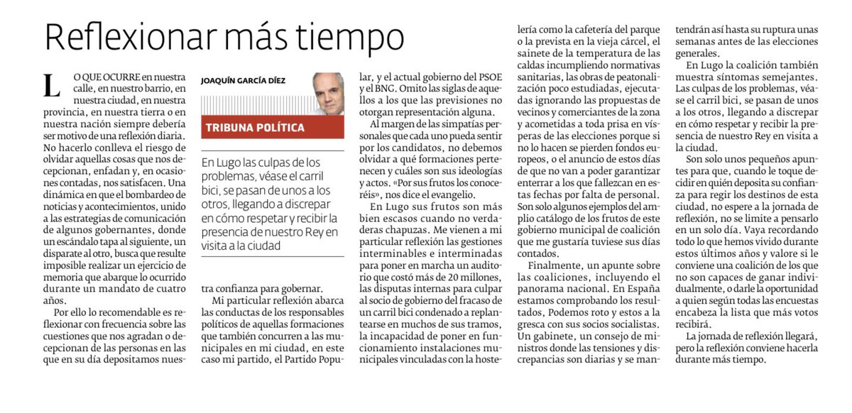 Este es mi último artículo publicado hoy en el diario @elprogreso_Lugo Una reflexión sobre la necesidad de reflexionar más que el día de la jornada de reflexión y acordarse lo ocurrido durante los últimos 4 años. @GPPopular @PPConcelloLugo @ppdegalicia joaquingarciadiez.blogspot.com/2023/05/reflex…