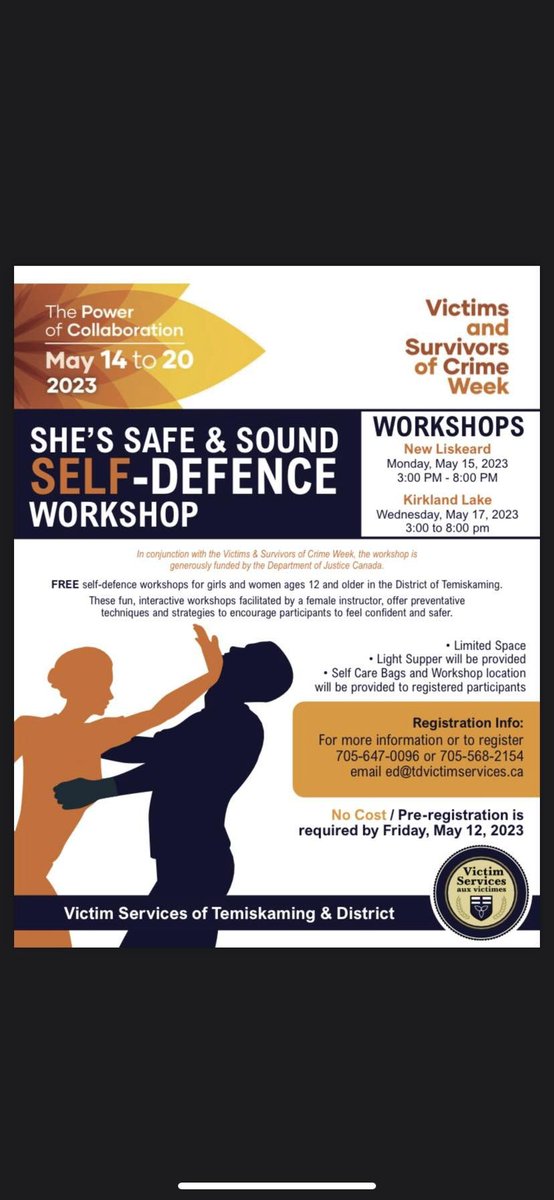 ONVSP's tweet photo. Next week #VictimServices of #Temiskaming and District will be hosting FREE #selfdefence workshops for girls and women ages 12 and older. If interested, please register with the information provided below. #VictimsWeek #Victims #Survivors #KirklandLake #NewLiskeard https://t.co/xQjCrXHX5x
