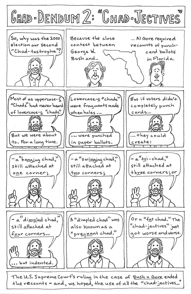 TheShortCourse's tweet image. Wednesday’s new comic: Remembering the second “Chad-tastrophe” of November 2000 in “Chad-Dendum 2: ‘Chad-jectives.’” #comics #creativenonfiction