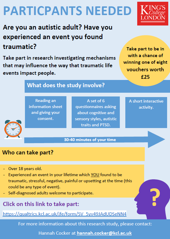PTSDAutismStudy's tweet image. Twitter, we need your help! We are looking for autistic adults who have experienced a traumatic event/s to participate in this study - more details in the poster!  qualtrics.kcl.ac.uk/jfe/form/SV_5y……

@AutisticGirls_ 
@AmbitiousAutism
@KingsIoPPN
@Autistica
@centerforautism