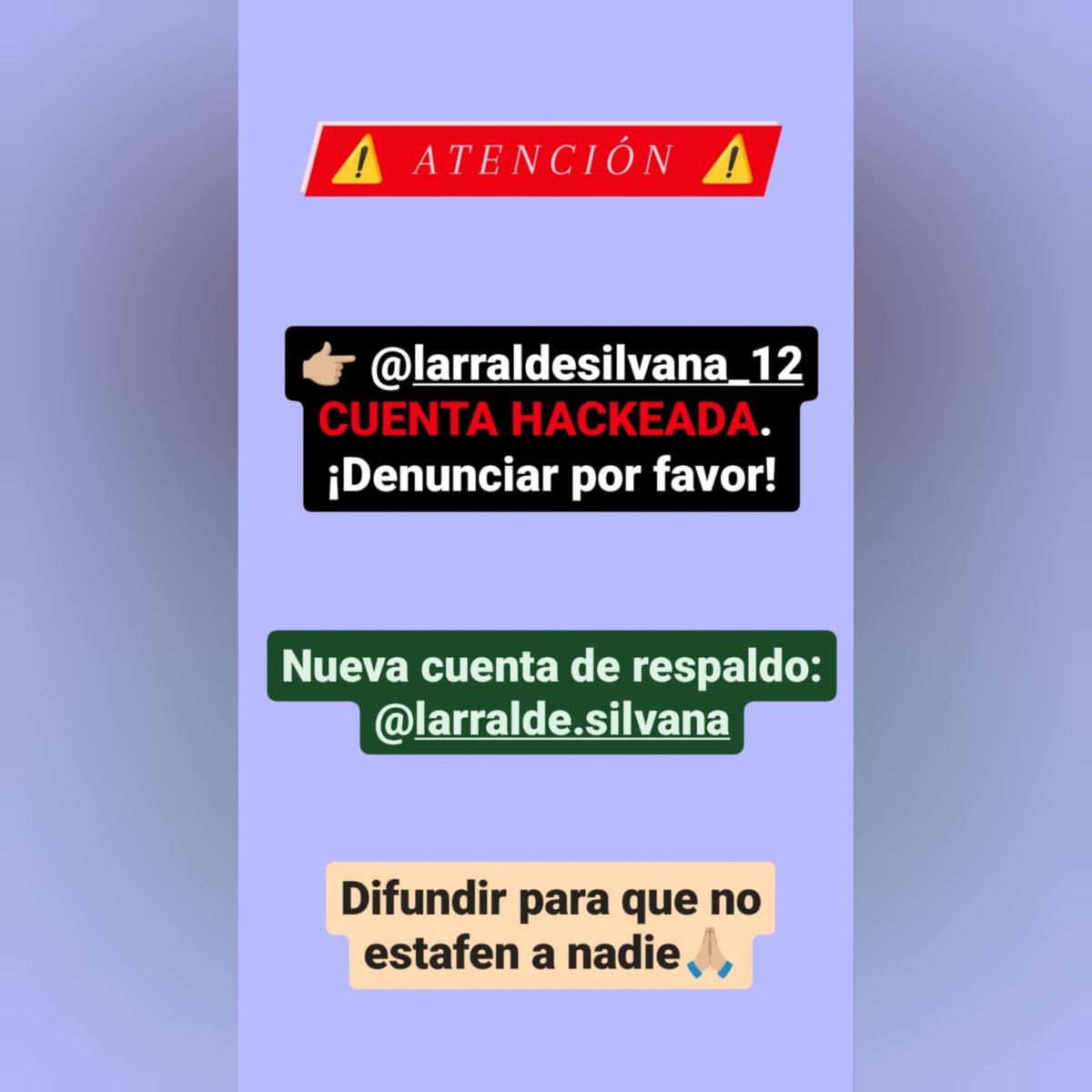 LarraldeSilvana's tweet photo. ⚠️ Pido ayuda a todos mis contactos para difundir y denunciar mi cuenta de Instagram (@larraldesilvana_12) que fue recientemente hackeada e intenta vender dólares en mi nombre.

DENUNCIAR CUENTA HACKEADA ➡️ https://t.co/zp97Kx7CH2 https://t.co/9ZLF1R9y0g