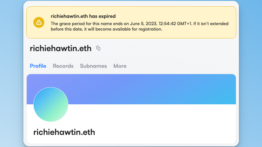 setrecords_eth's tweet photo. @labelprotocol @richiehawtin hey @labelprotocol &amp; @richiehawtin

The 'Richiehawtin.eth' name has expired &amp; needs to be renewed before June 5. 
Kind reminder to extend registration multiple years, 
AND dont forget to setup your complete ENS Profile (e.g. avatar, twitter, url, description &amp; more) https://t.co/bu92rDtaDY