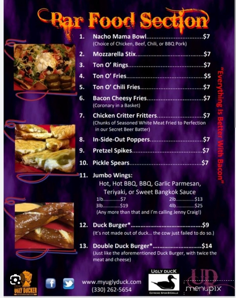 Ap_3510's tweet photo. The menu for "The Ugly Duck" in Wooster come see us Uncle Riz its been awhile since you've been to Wayne County... @HammerNation19 @TheRealTRizzo @ESPNCleveland https://t.co/dyRKEF0SiW