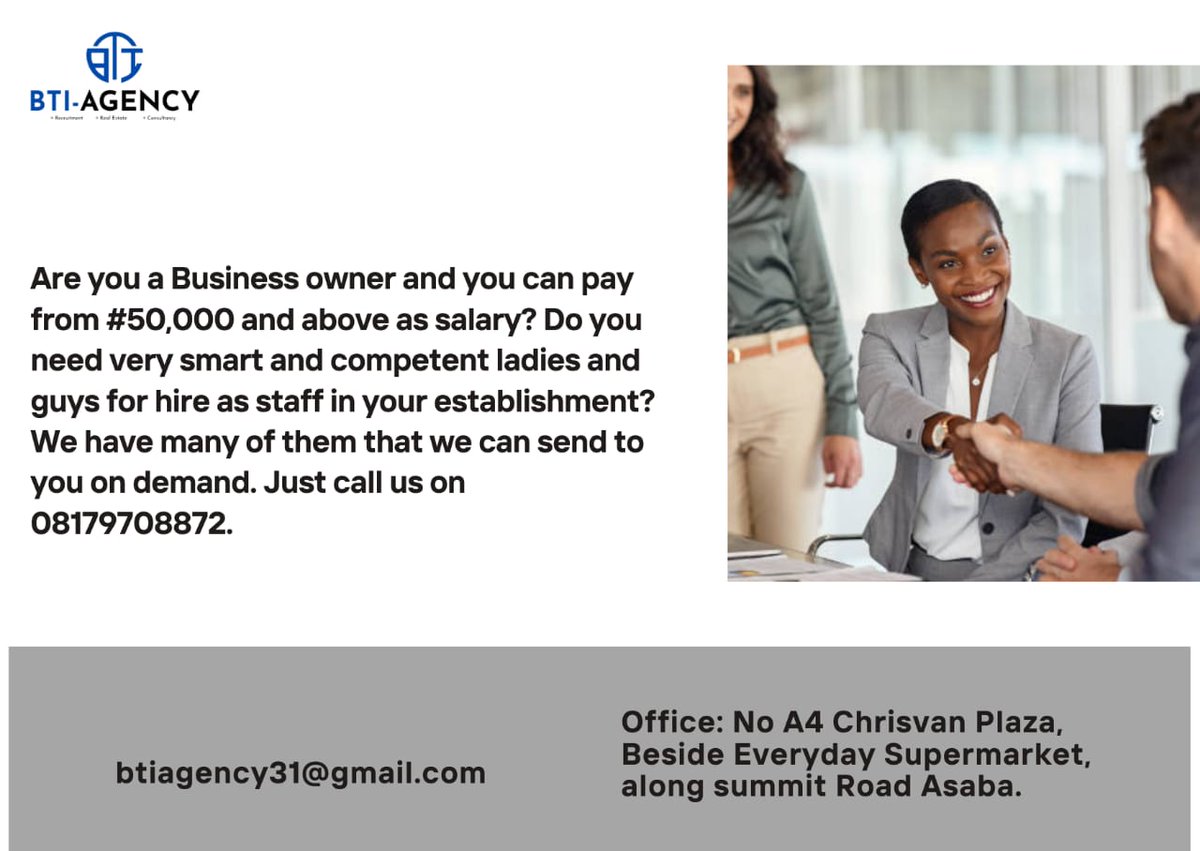 BTI_AGENCY's tweet photo. We have competent job seekers who are ready to work and help you grow your business.
#Tinubu #BestDM #tribunal #NYSCat50 @AmaechiChris_ https://t.co/X1zLjJQGl0