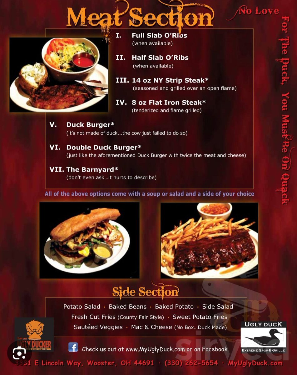 Ap_3510's tweet photo. The menu for "The Ugly Duck" in Wooster come see us Uncle Riz its been awhile since you've been to Wayne County... @HammerNation19 @TheRealTRizzo @ESPNCleveland https://t.co/dyRKEF0SiW