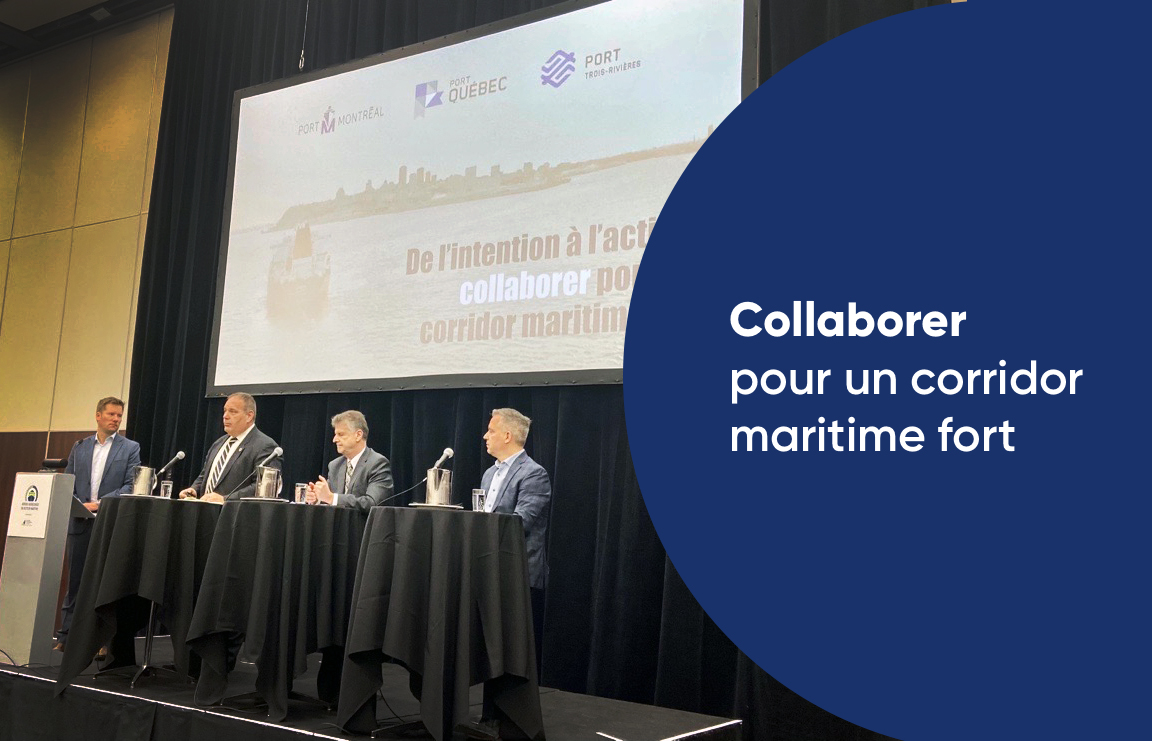 PortMTL's tweet photo. Panel dans le cadre des Assises québécoises du secteur maritime organisé par la @Sodesqc ➜ De l’intention à l’action: collaborer pour un corridor maritime fort. #PortMTL fait le point sur les étapes franchies découlant de la collaboration avec les @PortQuebec et @Port3Rivieres. https://t.co/qL8st0ZT09