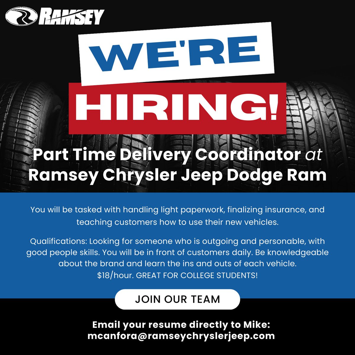 Join our award-winning team! 🏆 Ramsey Chrysler Jeep Dodge Ram is in search of part-time Delivery Coordinators! See our ad for details and send in your resume today! 

#hiring #automotive #deliverycoordinator  #ramseycars #ramseyautogroup  #jobs #njjobs #northjerseyjobs #ramseynj