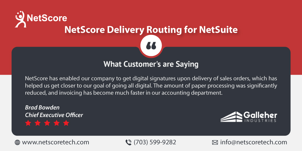 NetScoreTech's tweet image. Explore our website to discover how our NetScore #Deliveryrouting application has garnered praise from Brad Bowden, Chief Executive Officer of #Galleherindustries.
Visit here: bit.ly/42JgUXy

#testimonial #clientfeedback #netsuitedeliveryrouting #suiteappreviews