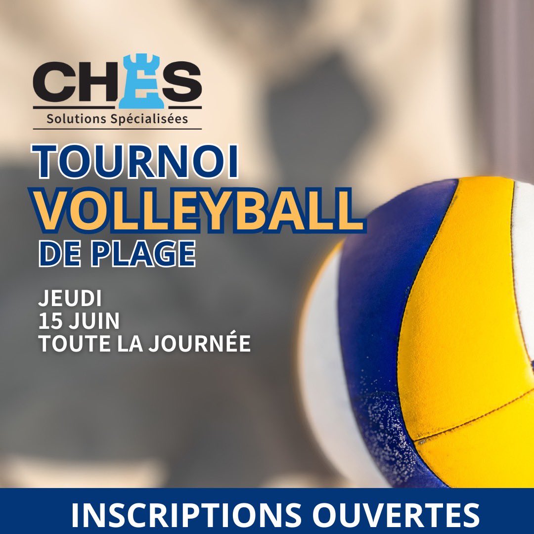 CHES Solutions Spécialisées (@chessolutions) on Twitter photo C’est parti! CHES Solution Spécialisées est heureux d’organiser notre deuxième édition du tournoi de volleyball de plage le 15 juin. Courtiers, inscrivez-vous dès maintenant pour obtenir votre place dans la compétition! Gabriel.Morneau@CHESspecialrisk.ca
#tournoidevolleyball C’est parti! CHES Solution Spécialisées est heureux d’organiser notre deuxième édition du tournoi de volleyball de plage le 15 juin. Courtiers, inscrivez-vous dès maintenant pour obtenir votre place dans la compétition! Gabriel.Morneau@CHESspecialrisk.ca
#tournoidevolleyball