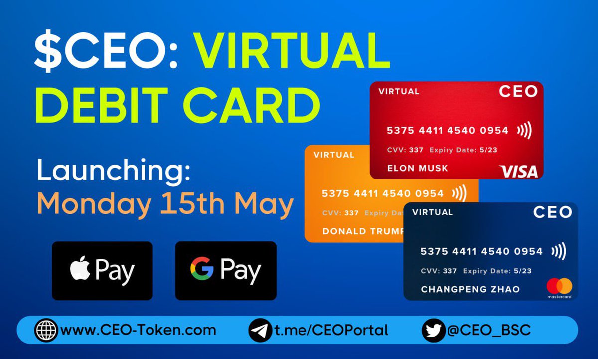 BecomeACEO's tweet photo. Virtual Debit Card Launch 💳

We are officially launching our virtual cards on Monday 15th of May. 

Available in Mastercard and Visa with no KYC. Load up your card, and spend in minutes 🏁

#CEO $CEO #IAMCEO #Binance  #Safemoon $CAPO #Bitcoincash https://t.co/99CtNtt6MQ