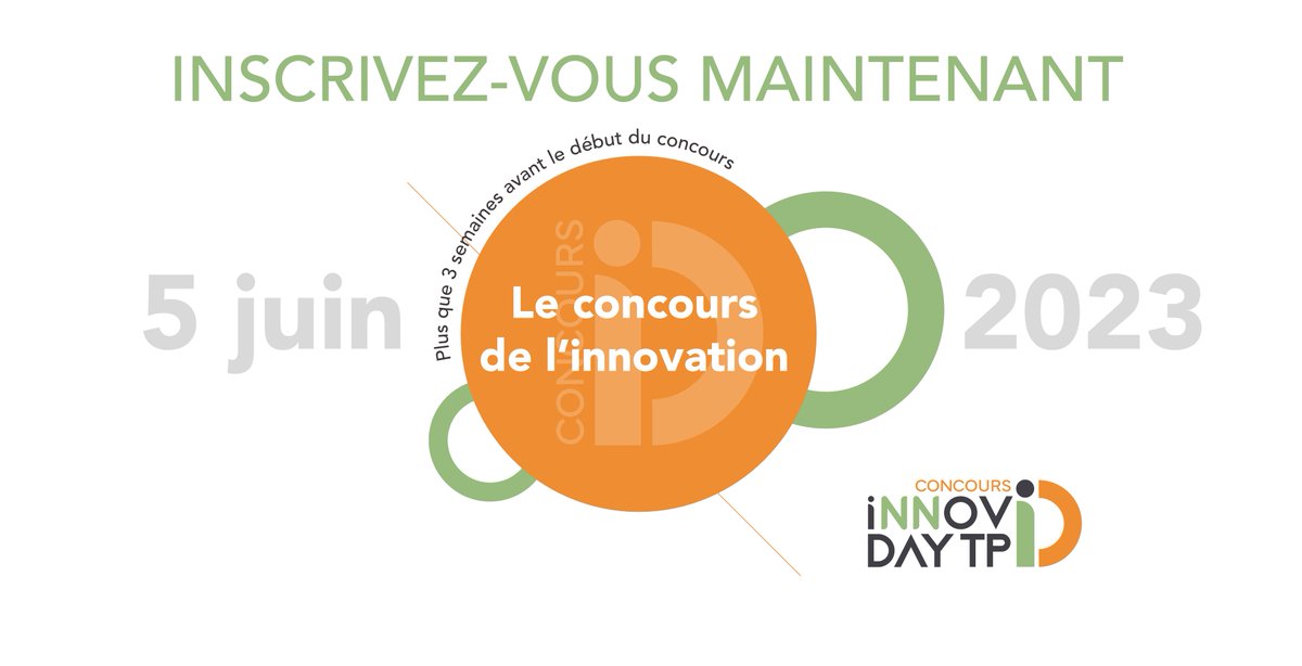 Innovday_tp's tweet photo. ⚠️ Fin des inscriptions : 20 mai 2023

Vous souhaitez participer au concours de l'innovation ? C'est maintenant qu'il faut s'inscrire et préparer votre petite vidéo pour pitcher votre innovation. Le concours débute le 5 juin 2023. 

https://t.co/hPqr2k1O6H https://t.co/3ipV3PB2UT