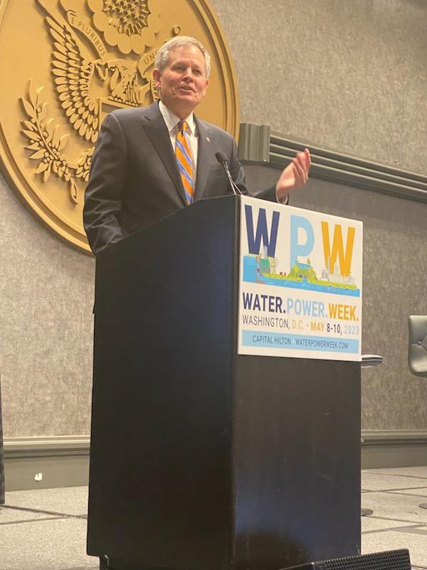 NatlHydroAssoc's tweet photo. At #WPW23, Sen @SteveDaines said, “Water is our lifeblood not just for recreation but for low cost reliable and resilient energy. I’m grateful that in MT 40% of our electricity is generated by #hydropower. Hydro, let's work together to expand it and not reduce it.” https://t.co/6HUY4K82Mn