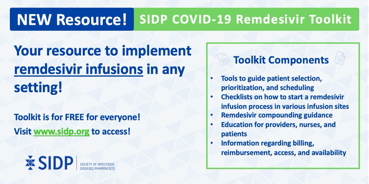 Looking for help setting up outpatient #remdesivir infusions for #COVID19? Be sure to check out our free Remdesivir Toolkit! 🧰💊 #IDTwitter #TwitteRx sidp.org/COVID-19-Remde…