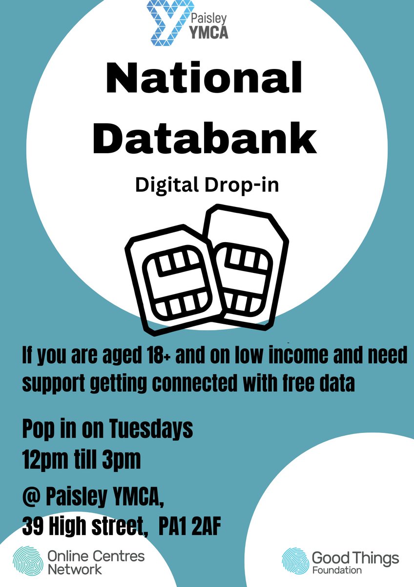 YMCAPaisley's tweet photo. Are you 18+, low income, living in Paisley area and in need of some mobile data connection? Then drop into our space for free every Tuesday starting from next week from 12 -3pm for free mobile data at Paisley YMCA! 📲 #paisley #renfrewshire #paisleycommunity https://t.co/8OaiYDOwqi