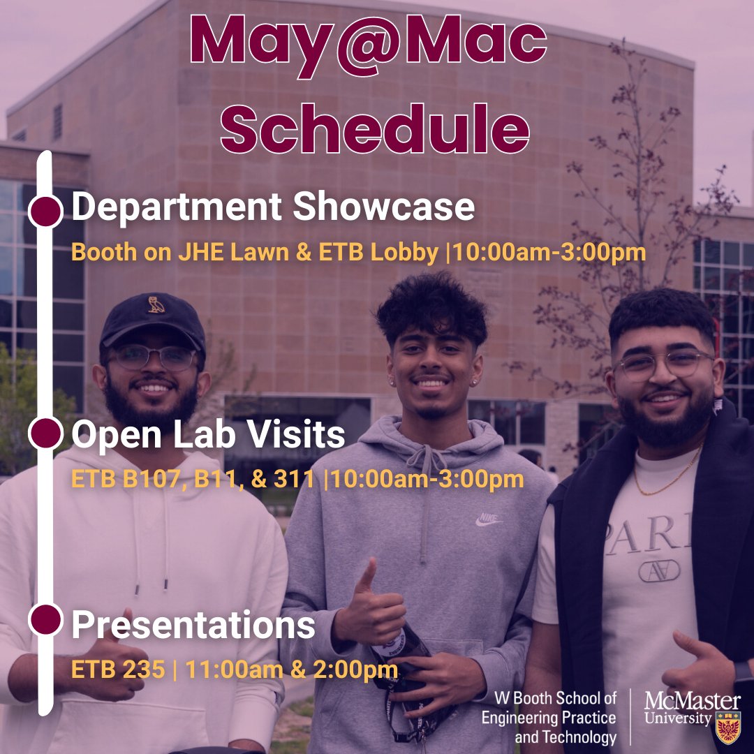 It’s May@Mac this Saturday, 13 May -A chance for you to to explore our campus, learn about our programs and explore all that <a href="/WBoothSchool/">W Booth School of Eng. Practice & Technology</a>  has to offer!

Don't forget to register here: bit.ly/3IlUqEn

See you this weekend!
#maceng #mayatmac
