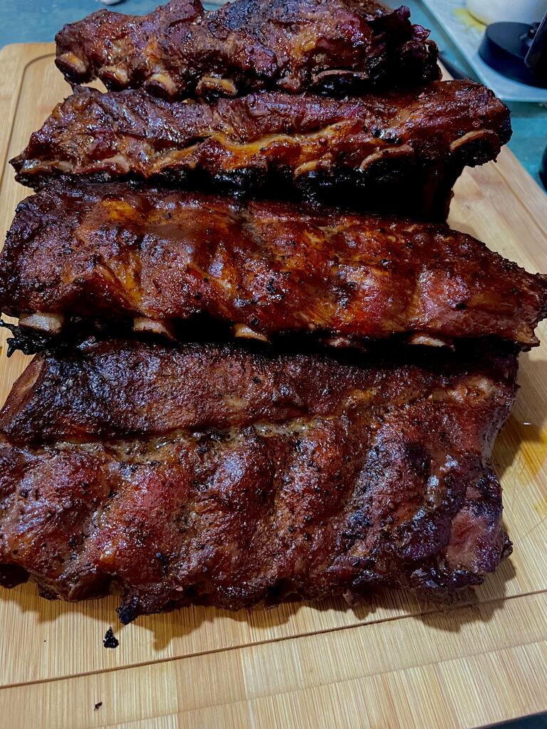 [Homemade] smoked baby back pork ribs done with hickory then sauced ...