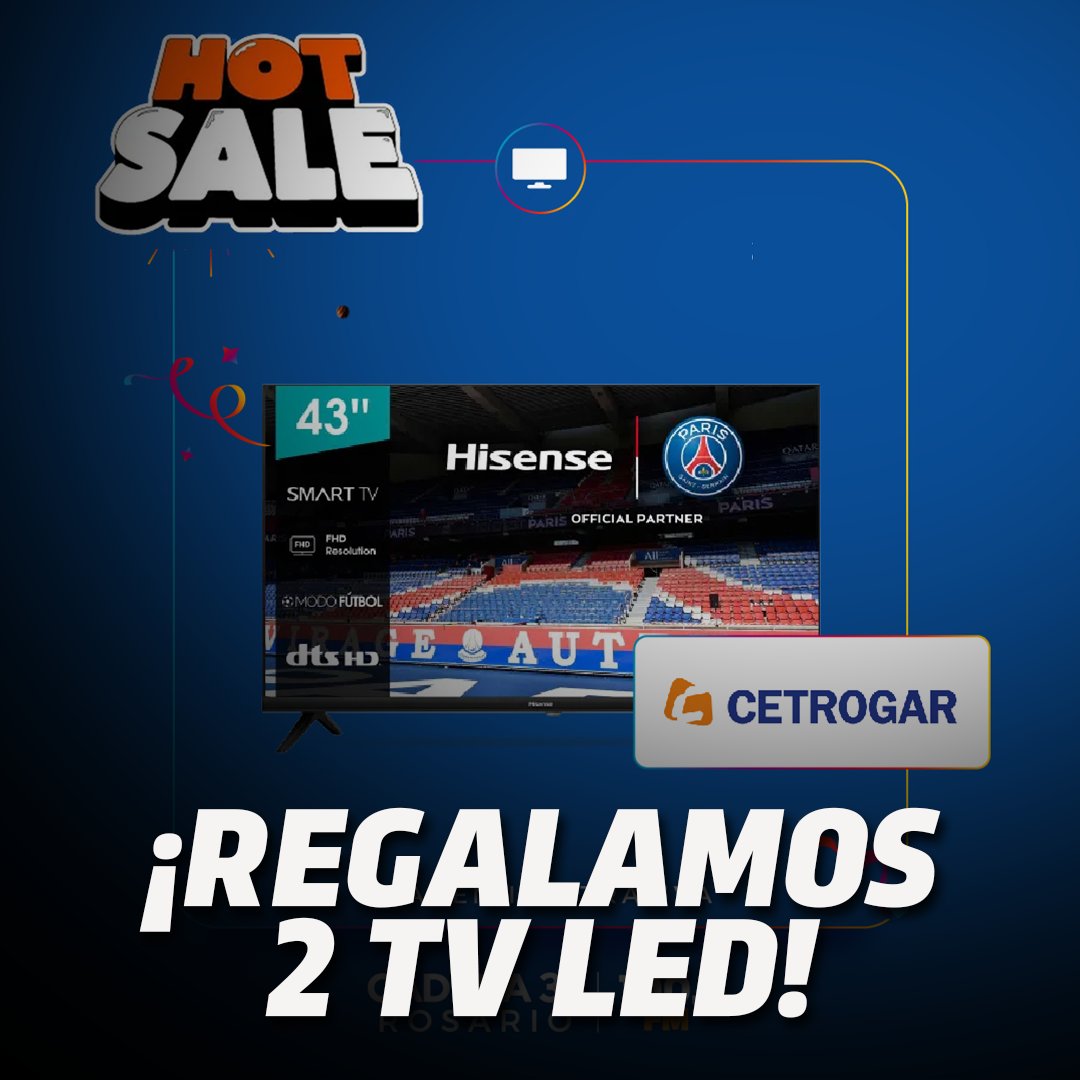 ¡REGALAMOS 2 TV LED 43"! 😱📺
Hoy es el último día del Hot Sale de <a href="/cetrogar/">Cetrogar</a> y te regalamos dos Smart TV LED 43" Hisense 💃
Seguí los pasos 👇
- Seguinos
- Menciona a un amigo y que es persona nos siga!
- Dale RT!

REGALAMOS HOY 10/5 (VIVA LA RADIO) Y 11/5 (SIEMPRE JUNTOS) 📻