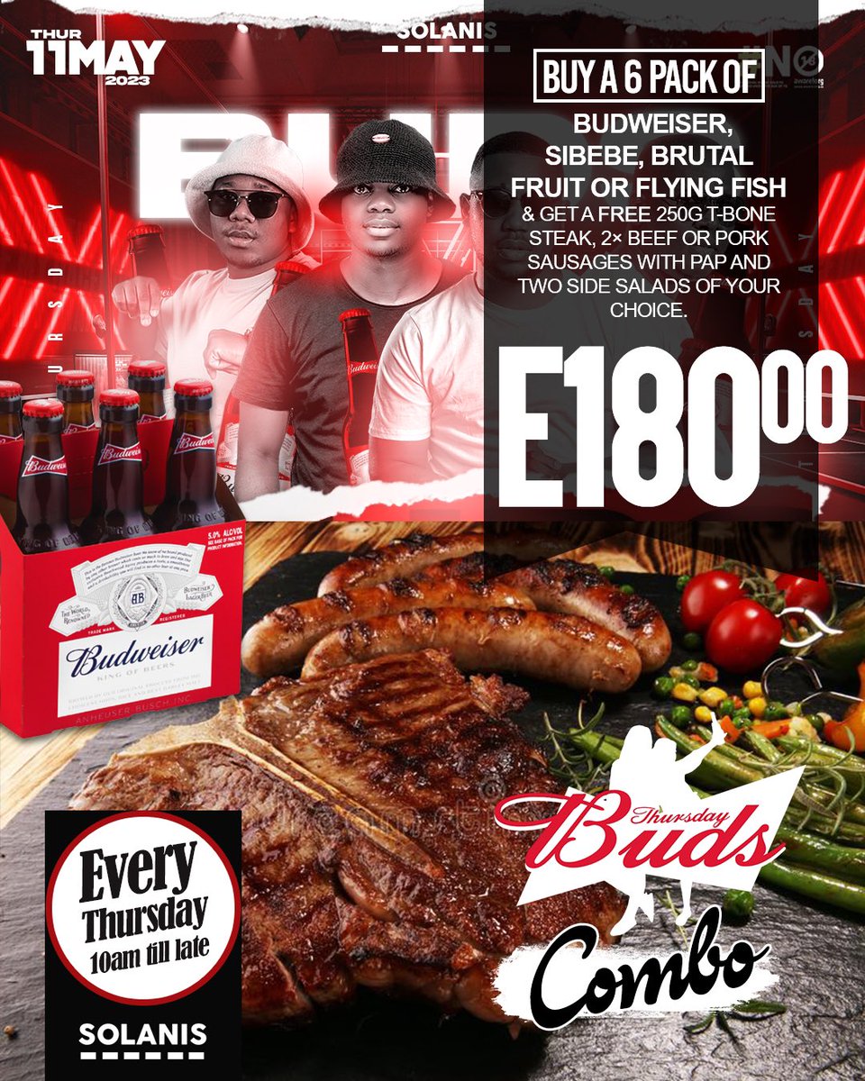 solanis_SD's tweet photo. …As we welcome the #Weekend with our amazing #BudsThursday special!
Grab a full meal + a carry pack of your choice; #Sibebe #BrutalFruit #FlyingFish or #Budweiser
#BudsThursdays
#Solanis
#WePassionateAboutYou https://t.co/E2xapTDcOJ