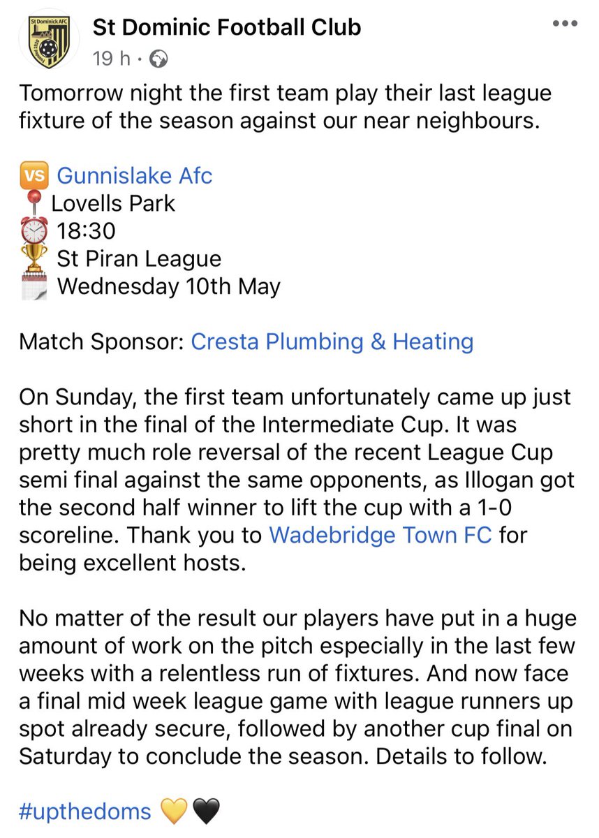 Calstock F.C. (@c_calstock) on Twitter photo The two smaller clubs in the Tamar valley go head to head…6.30pm Lovell’s park, come hear many high pitched squeaky Hunn voices followed by a bellowing Southcott here and there,always great fun! #upthebees #getyourownball <a href="/TheLakers1889/">Gunnislake AFC</a> <a href="/fc_dominic/">St Dominic FC</a> The two smaller clubs in the Tamar valley go head to head…6.30pm Lovell’s park, come hear many high pitched squeaky Hunn voices followed by a bellowing Southcott here and there,always great fun! #upthebees #getyourownball <a href="/TheLakers1889/">Gunnislake AFC</a> <a href="/fc_dominic/">St Dominic FC</a>