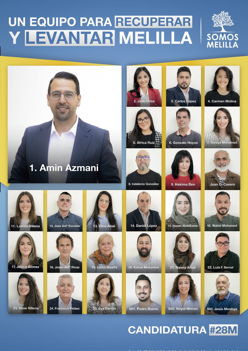 🔵Con valentía, damos un paso al frente para luchar por nuestra Ciudad. Melilla no merece resignación ni más de lo mismo. Merece esperanzas, ilusión, futuro, cambio. 

🟡En esta tarea me acompaña un equipo de gente capaz y que antepone a Melilla por encima de todo.