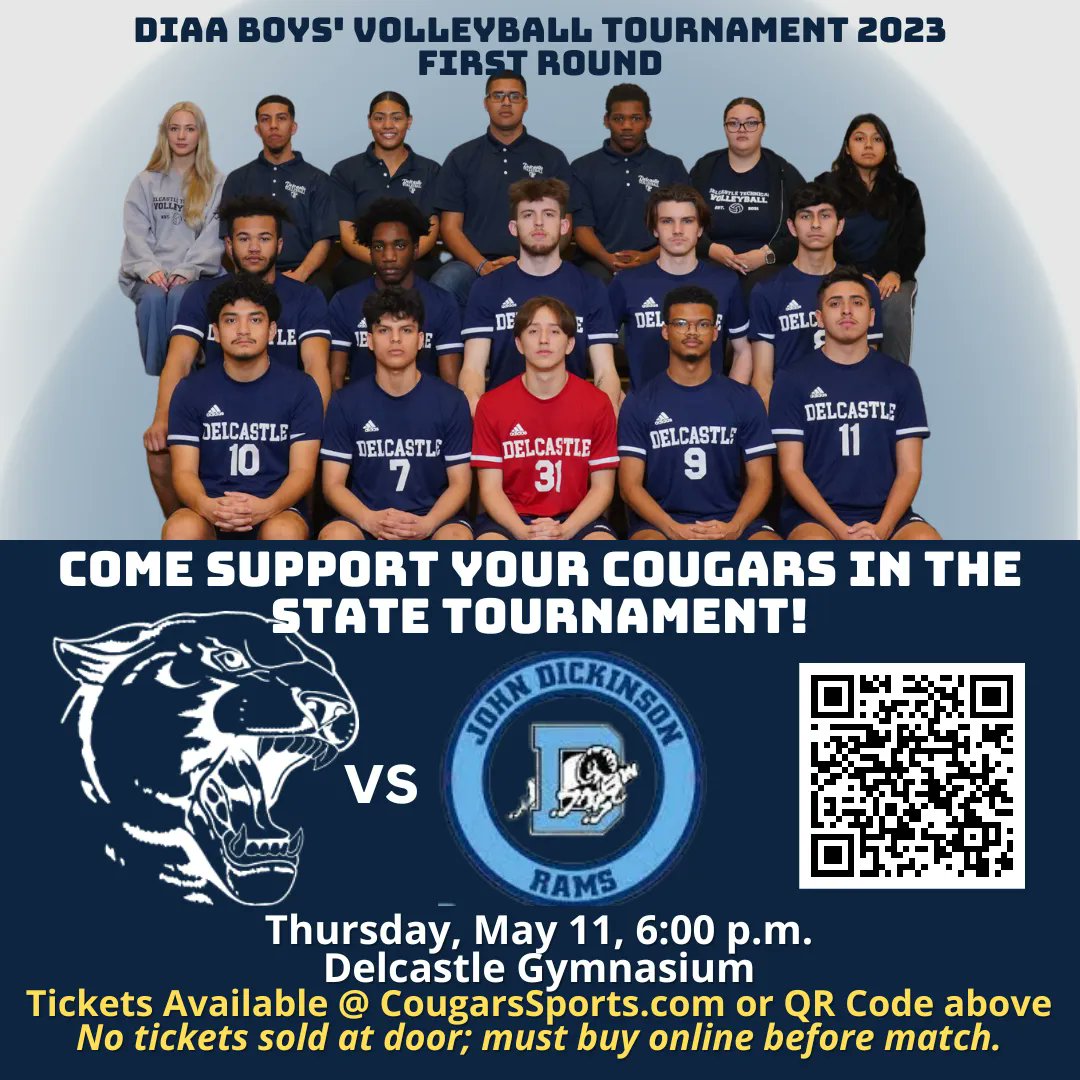 Boys' volleyball has earned a spot in the DIAA 2023 Tournament! Your #5-ranked Cougars will host the John Dickinson Rams on Thursday, 05/11, 6pm in the Delcastle Gym. 🎟️ Tickets sold online @ buff.ly/3MeJKti No tickets sold at the door. #CougarNation #NCCVTworks
