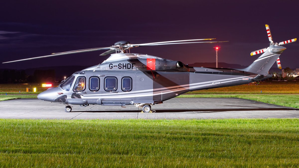 KM_Aviation's tweet photo. A brand new AW-139 G-SHDF owned by Executive Jet Charter parked up at Glasgow last night #Avgeek #Aviation #Photo #Photography #Planespotting #AW139 https://t.co/SmTBM8Yxyb