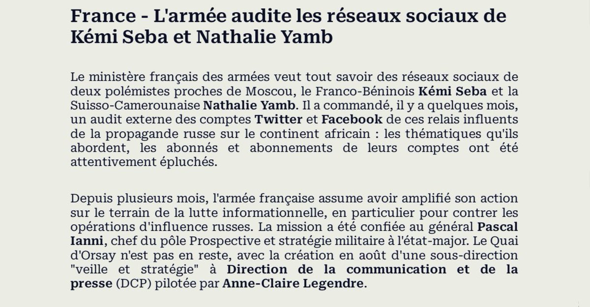 L’armée française, qui refuse d’identifier les soldats violeurs de femmes africaines dans ses rangs, est très occupée à identifier les abonnés de mes comptes et de ceux de <a href="/KemiSeba1/">Kemi Seba Officiel</a> sur les réseaux sociaux…
