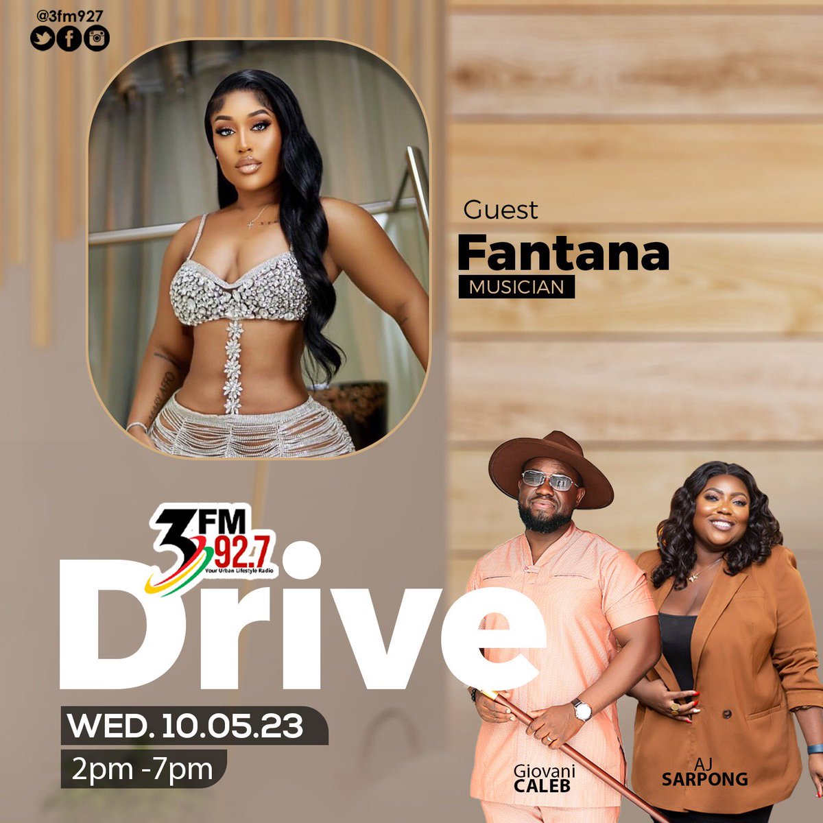 iamfantana's tweet photo. Unto the next one on .@3fm927 Drive at 4pm with .@GiovaniCaleb and .@ajsarpong . #YourMan #Code #AhMiDhat https://t.co/8cZpR5UszA