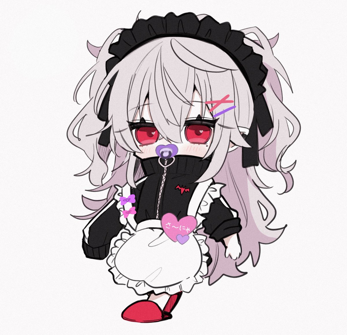 1girl chibi red eyes x hair ornament apron solo long hair  illustration images