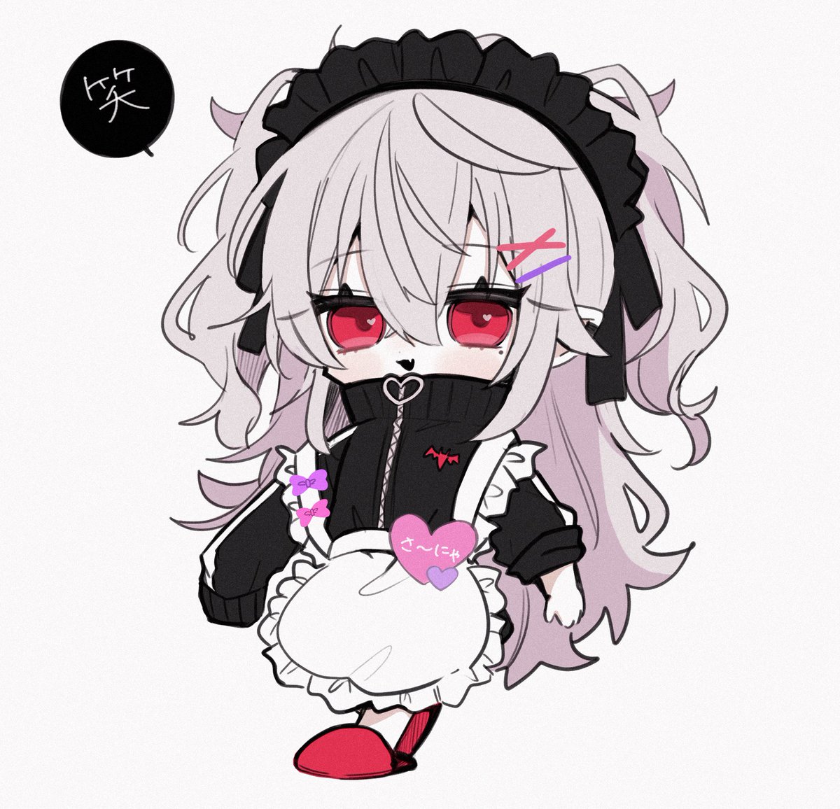 1girl chibi red eyes x hair ornament apron solo long hair  illustration images