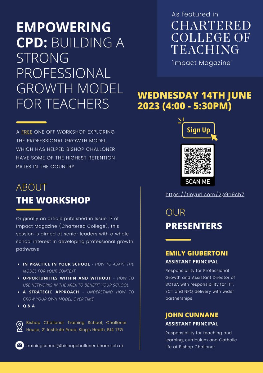 bctsa_training's tweet photo. On Wed 14th June we are hosting an 'Empowering CPD' workshop. Places for this FREE event are likely to fill up fast so waste no time and sign up using the QR code or the link below:
https://t.co/LPDIFx91zf
#CPD #Workshop #ImpactMagazine #researchEDBrum https://t.co/gOqHmeJCsH