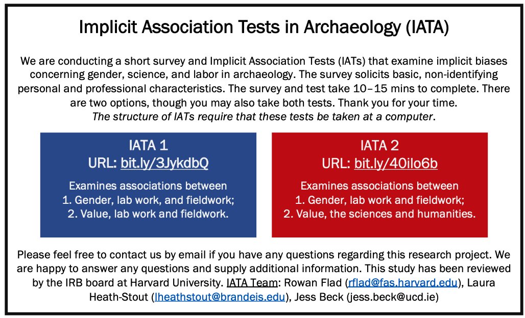 Archaeologists: Please consider taking part in this study that <a href="/JBeckArch/">Jess Beck</a>, Rowan Flad, and I are conducting on archaeologists' implicit associations between gender, types of research, and value.
