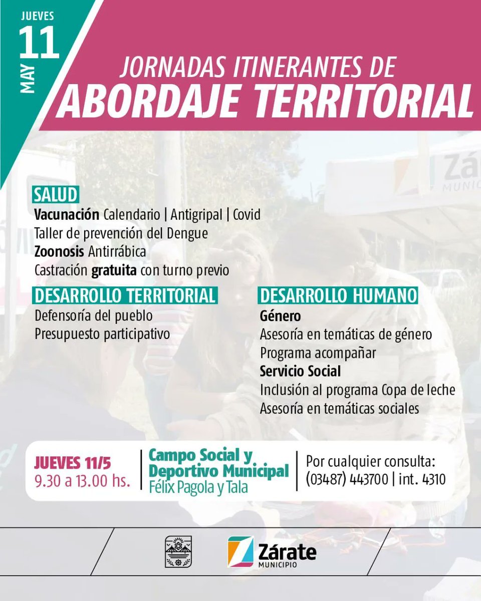 MuniZARATE's tweet photo. #Salud 🏥 #DesarrolloHumano 👥 #DesarrolloTerritorial 🏘️ #Ambiente ♻️ | Jornadas Itinerantes de Abordaje Territorial en Barrio Reysol📍➕

👉🏽 Jueves 11 y viernes 12
📍Campo Social y Deportivo Municipal - Félix Pagola y Tala 
⏱️ Horario de atención: 9.30 a 13 hs. https://t.co/mLGCX0M3ku