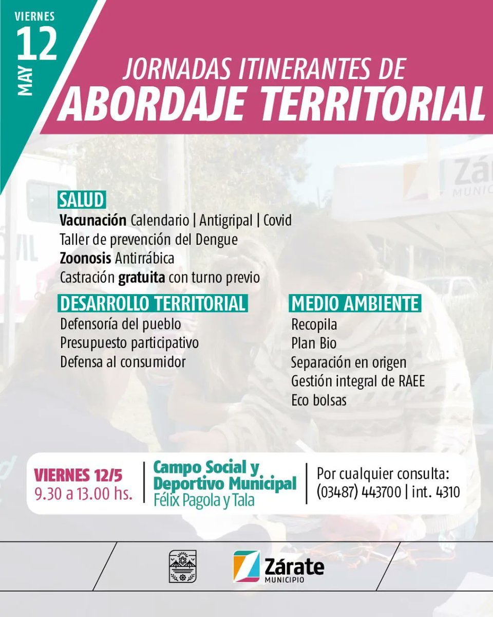 #Salud 🏥 #DesarrolloHumano 👥 #DesarrolloTerritorial 🏘️ #Ambiente ♻️ | Jornadas Itinerantes de Abordaje Territorial en Barrio Reysol📍➕

👉🏽 Jueves 11 y viernes 12
📍Campo Social y Deportivo Municipal - Félix Pagola y Tala 
⏱️ Horario de atención: 9.30 a 13 hs.