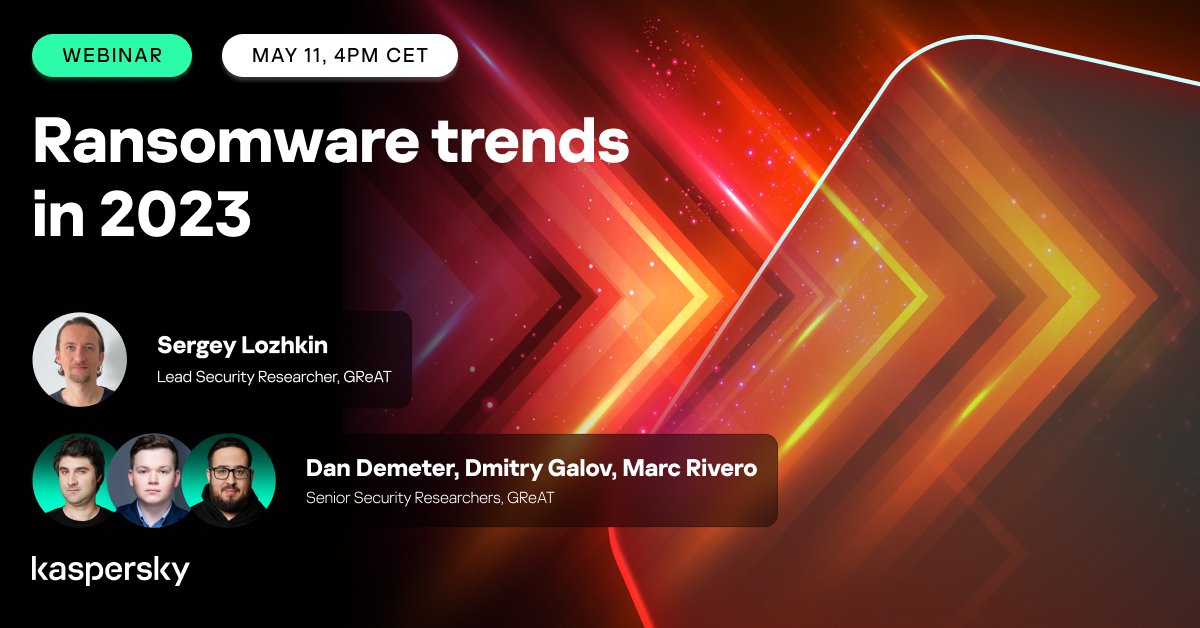 Tomorrow! ⏰💥

Secure your systems! 🔒 My old pals from GReAT team present the #Ransomware #Trends2023 - something  you need to be aware of so you can protect your organization. Don't wait until it's too late!

Register here 👇 bit.ly/42Ej9ff