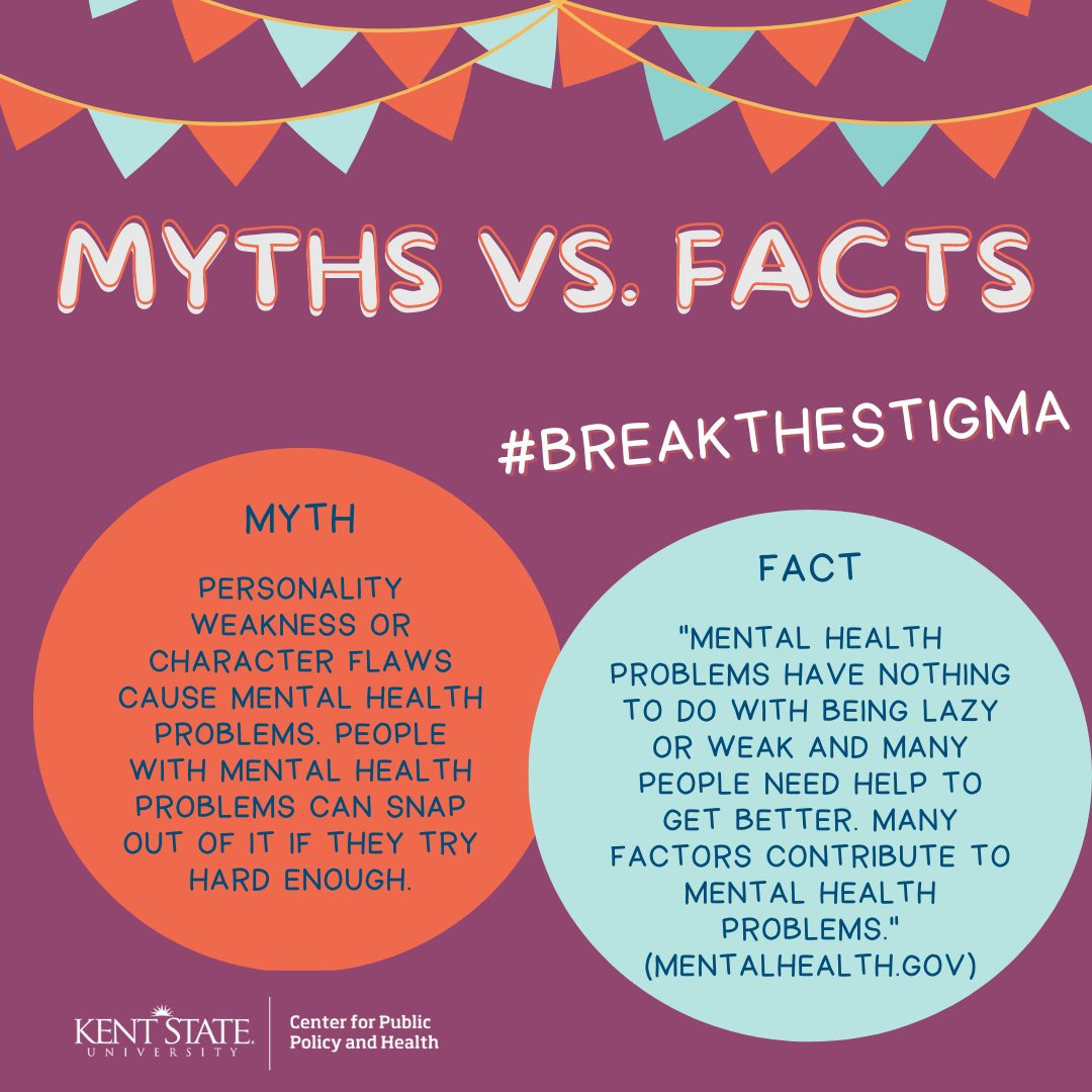 kentstatecpph's tweet photo. For Mental Health Awareness Month, let’s #breakthestigma and discuss a common myth about mental health! #kentstate #kentcpph #mentalhealth #mythvsfact #mentalhealthawarenessmonth https://t.co/KP0PTm7lab