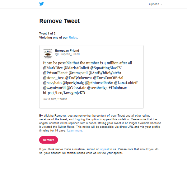 European_Friend's tweet photo. @elonmusk @billmaher @elonmusk So you agree with @billmaher that we should be able to deny the #Holocaust, but @Twitter/@TwitterSupport don't seem to agree.

#Censorship #FreeSpeech #Holohoax #TwitterCensorship https://t.co/mJtLjLmo96