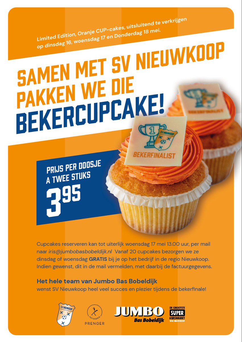 𝑷𝒂𝒌 𝒅𝒆 𝒃𝒆𝒌𝒆𝒓𝒄𝒖𝒑𝒄𝒂𝒌𝒆 🧁🏆

Sponsor <a href="/Jumbo/">Paolo🍁</a> Nieuwkoop heeft een nieuwe mooie en lekkere bekerfinale actie! Koop volgende week jouw SV Nieuwkoop bekerfinalecupcakes of reserveer ze vooraf. Samen pakken we de cup(cake) 😎