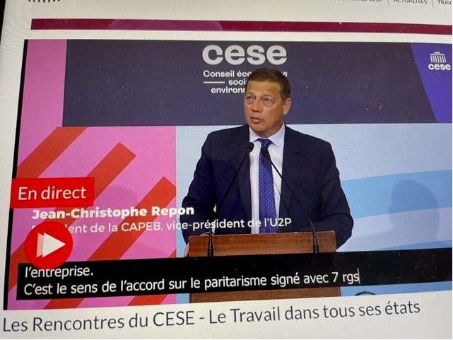 Intervention de <a href="/reponcapeb/">Jean-Christophe Repon</a> Vice-Pt de l'U2P aux Rencontres du CESE sur le #Travail : "Avec nos règles de représentativité, ce sont les représentants des grandes entrep. qui décident pour les plus petites dans la négociation alors que 92% des entreprises ont moins de 11 salariés"